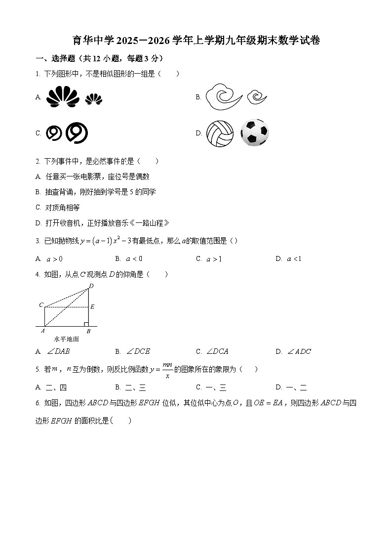 河北省邯郸市育华中学2025-2026学年上学期九年级期末数学试卷（原卷版+解析版）第1页