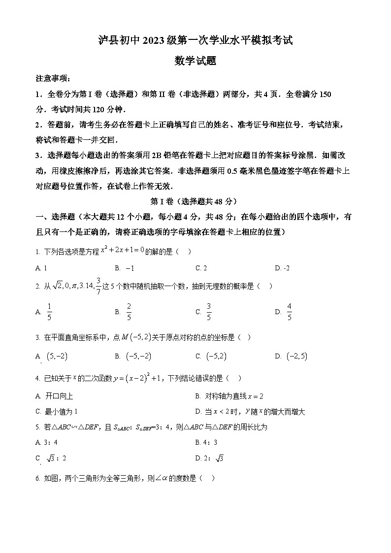 四川省泸州市泸县2026年中考一模数学试题（原卷版+解析版）第1页
