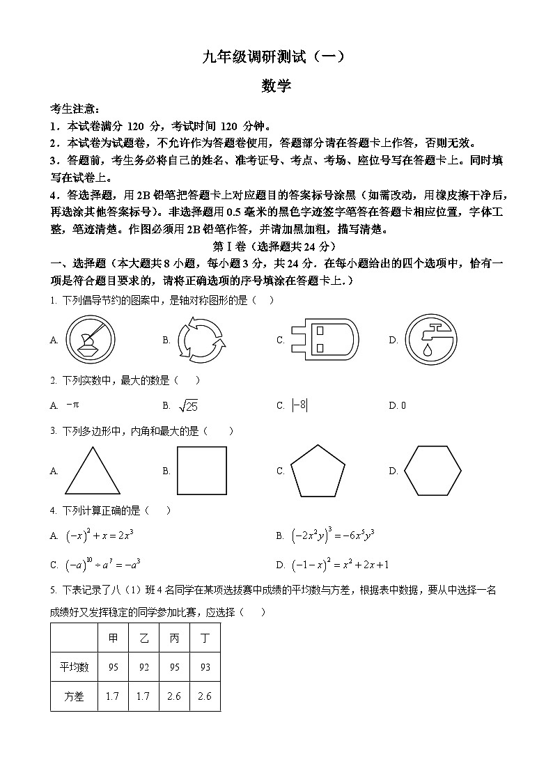 中考一模数学试题 （原卷版）第1页