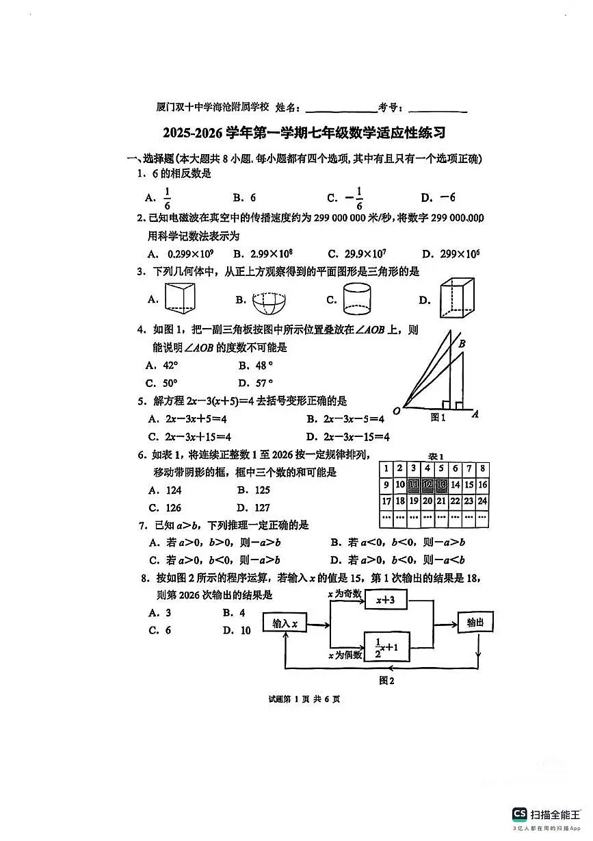 福建省厦门双十中学海沧附属学校2025-2026学年 七年级上学期数学试卷期末卷第1页