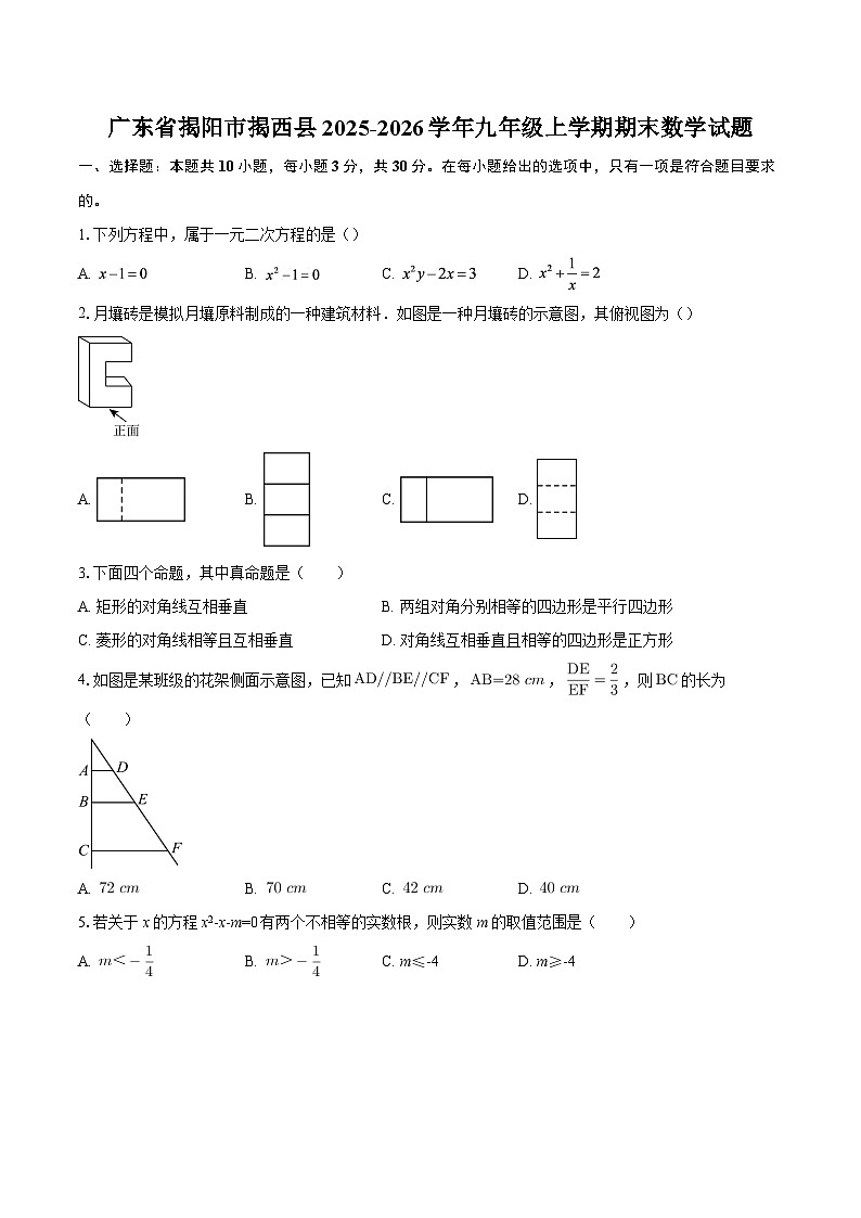 广东省揭阳市揭西县2025-2026学年九年级上学期期末数学试题-自定义类型第1页