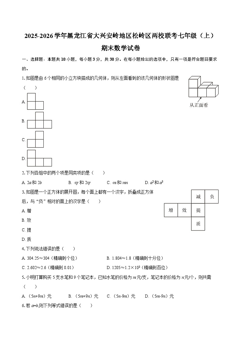 2025-2026学年黑龙江省大兴安岭地区松岭区两校联考七年级（上）期末数学试卷-自定义类型第1页