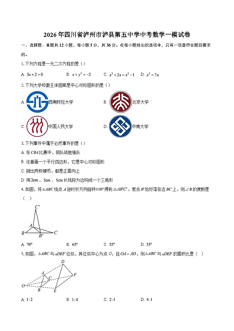 2026年四川省泸州市泸县第五中学中考数学一模试卷-自定义类型第1页