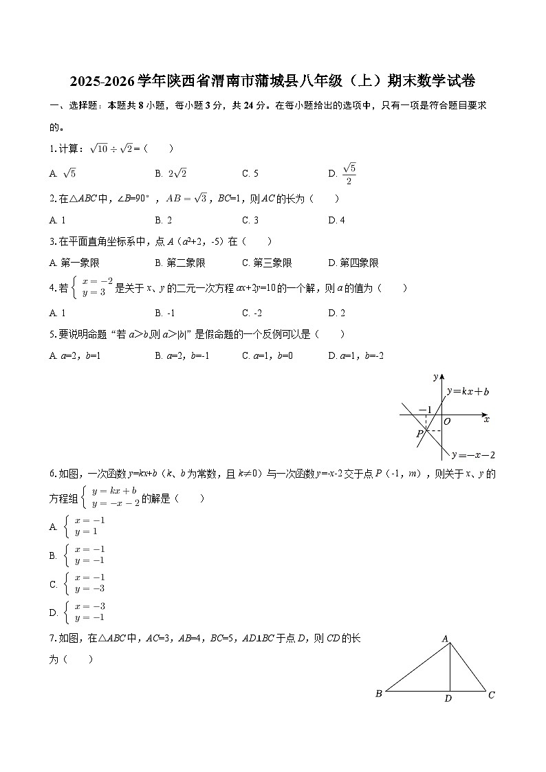2025-2026学年陕西省渭南市蒲城县八年级（上）期末数学试卷-自定义类型第1页