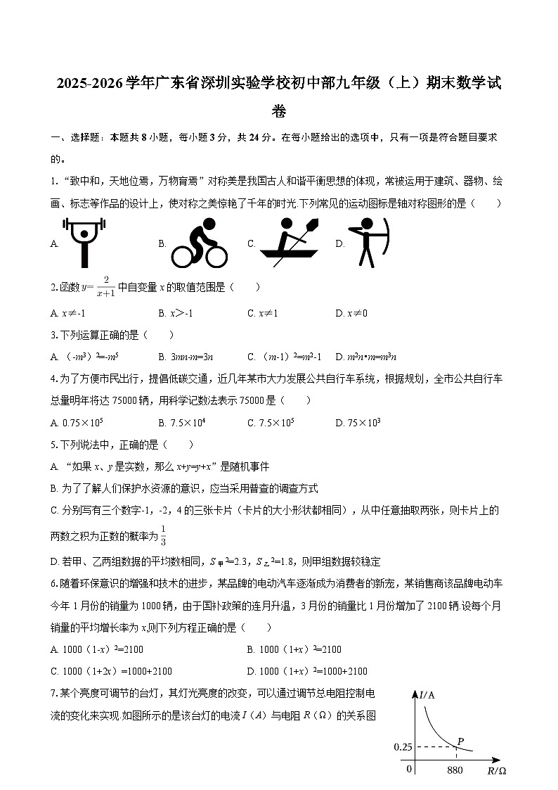 2025-2026学年广东省深圳实验学校初中部九年级（上）期末数学试卷-自定义类型第1页