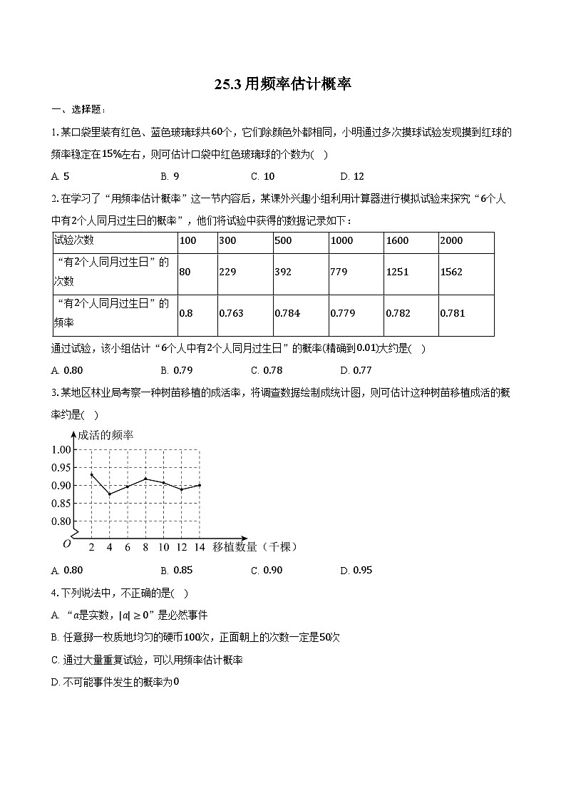 25.3 用频率估计概率 同步训练 2024-2025学年人教版 九年级数学上册（含答案+解析）第1页
