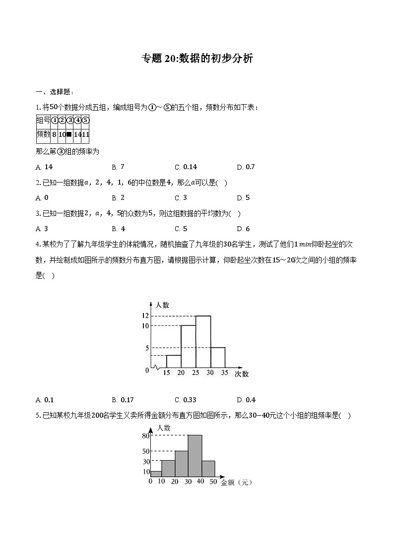 2025年上海市中考数学一轮复习 练习题 专题20 数据的初步分析（含答案+解析）第1页
