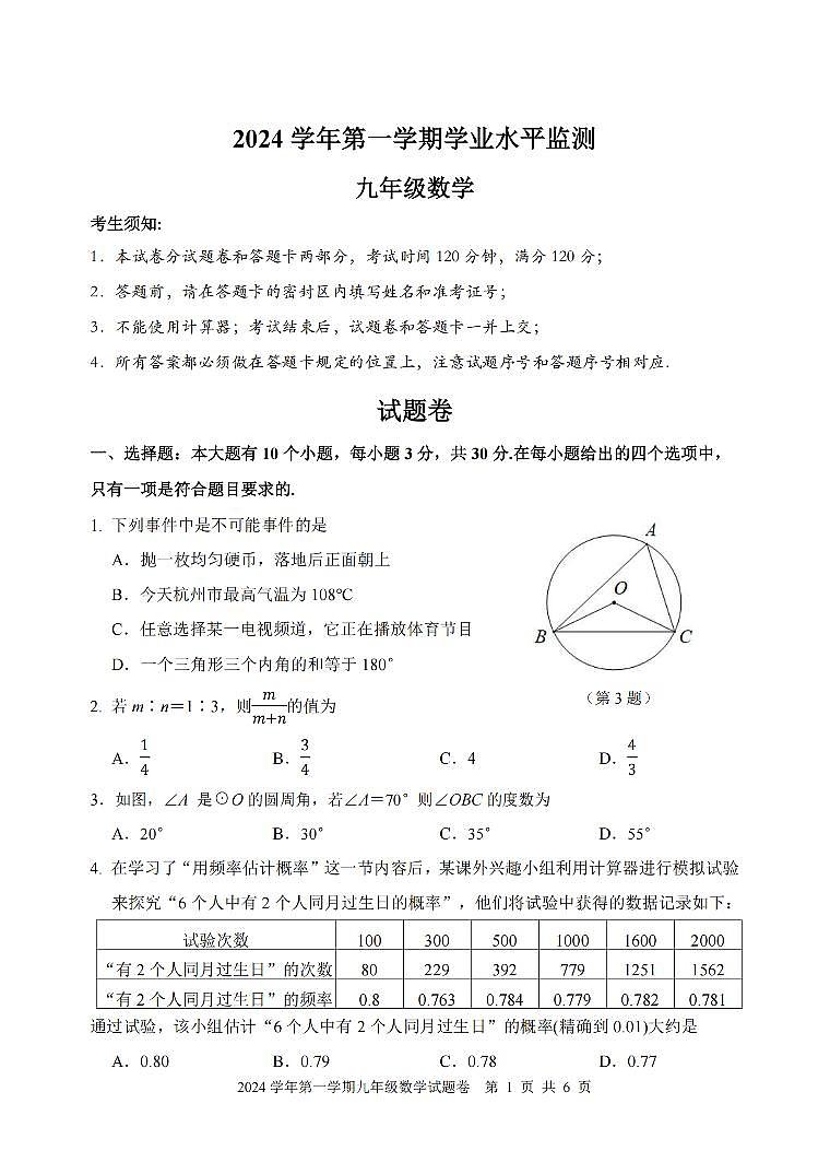 2501杭州上城区九上期末数学试卷第1页