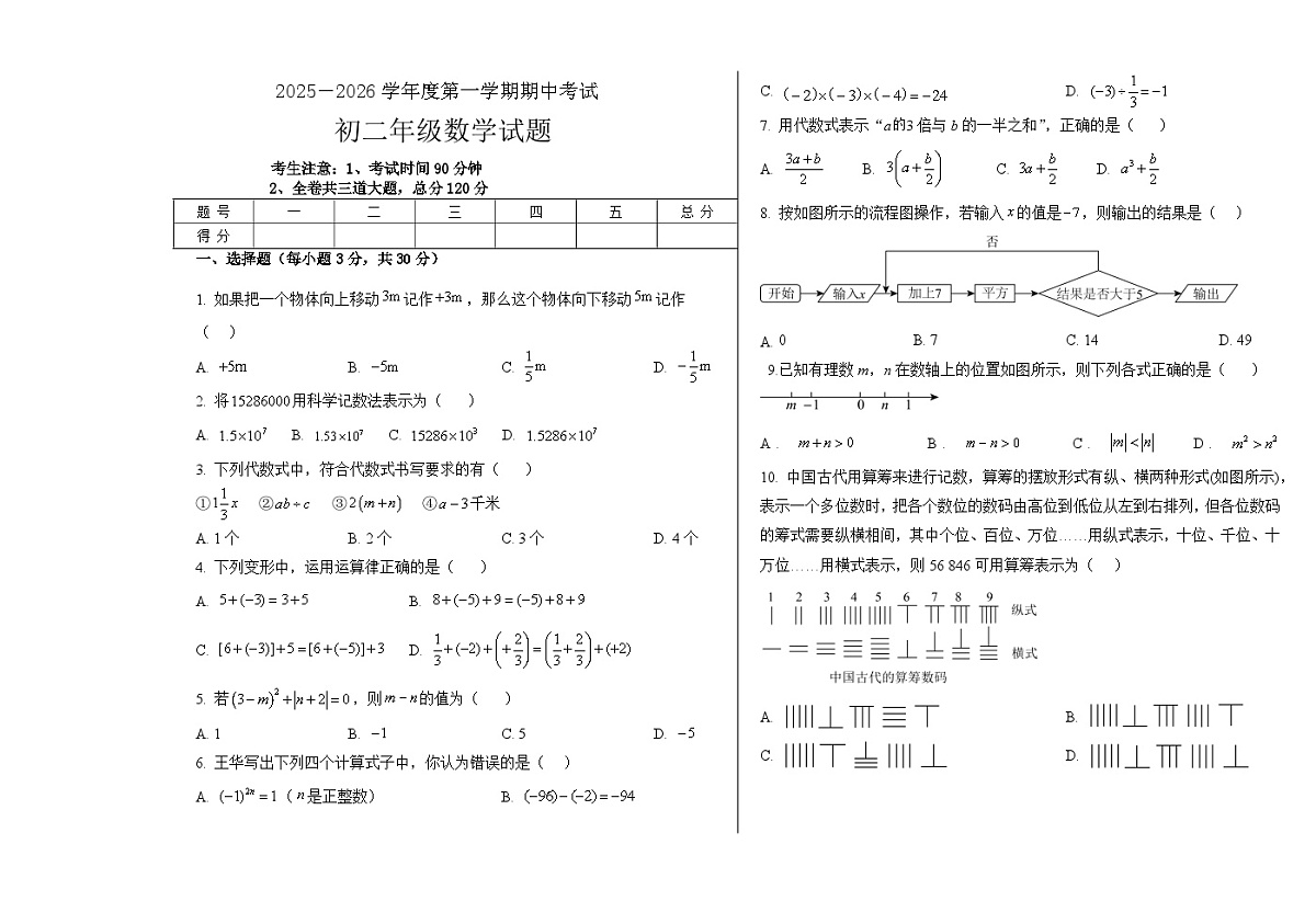 黑龙江省绥化市望奎县第四中学联考2025-2026学年七年级上学期11月期中数学试题(含答案)第1页