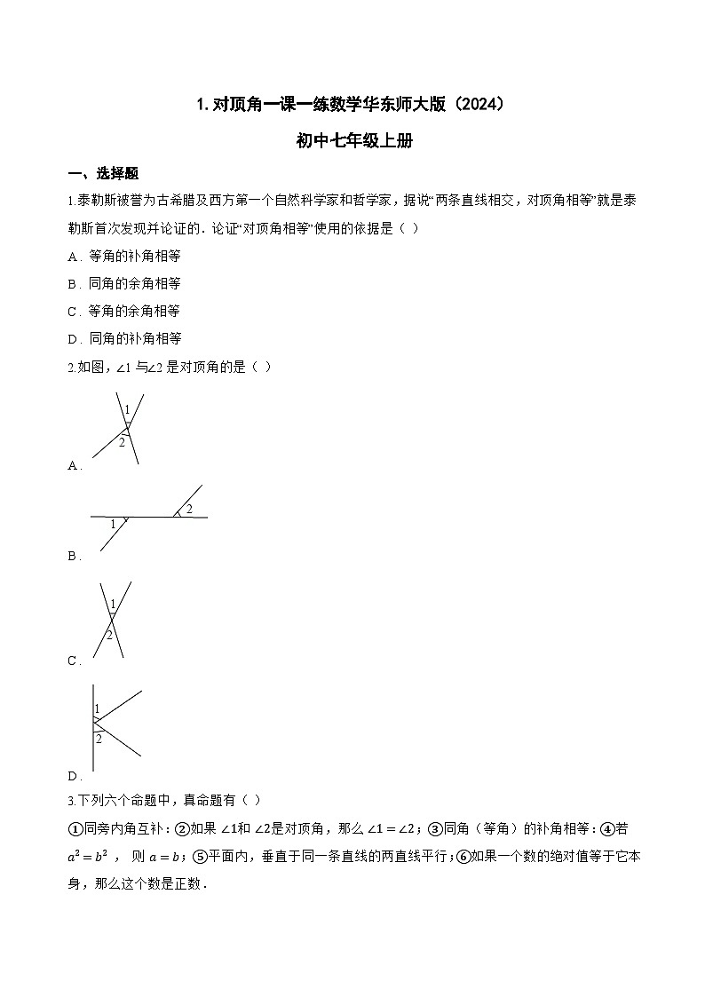 1. 对顶角一课一练数学华东师大版（2024）初中七年级上册第1页