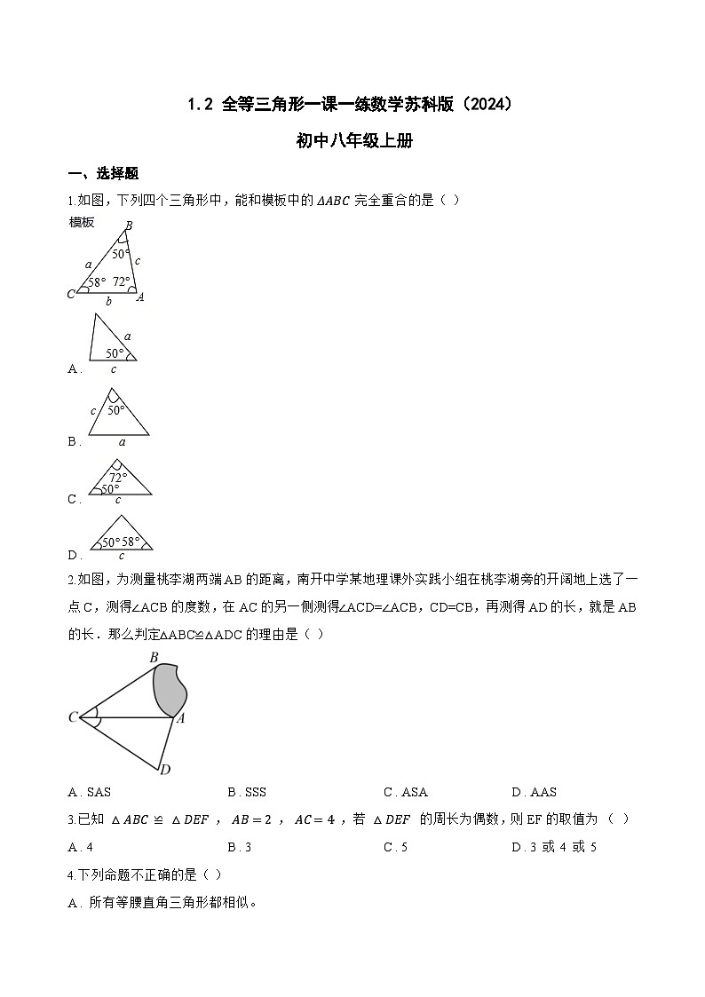 1.2 全等三角形一课一练数学苏科版（2024）初中八年级上册第1页