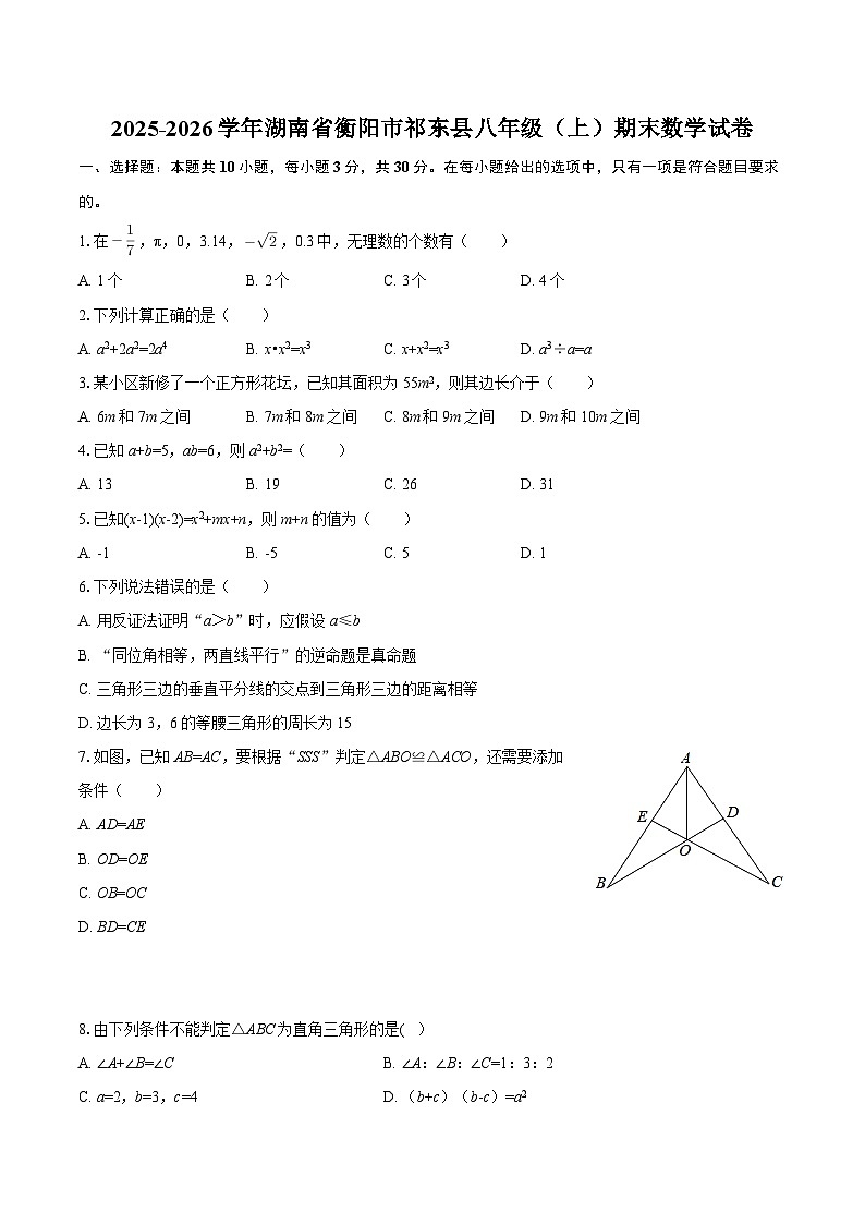 2025-2026学年湖南省衡阳市祁东县八年级（上）期末数学试卷-自定义类型第1页