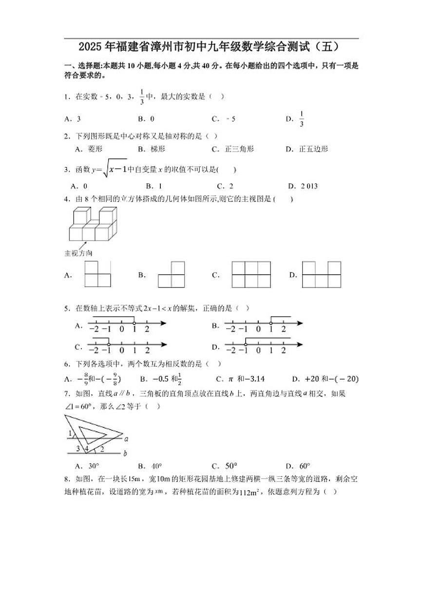 2025年福建省漳州市初中九年级数学中考模拟综合测试（五）_(含答案_)第1页
