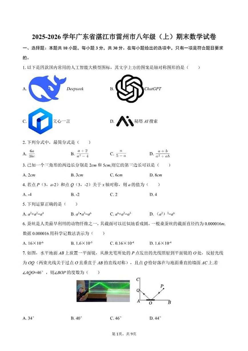 2025-2026学年广东省湛江市雷州市八年级（上）期末数学试卷第1页