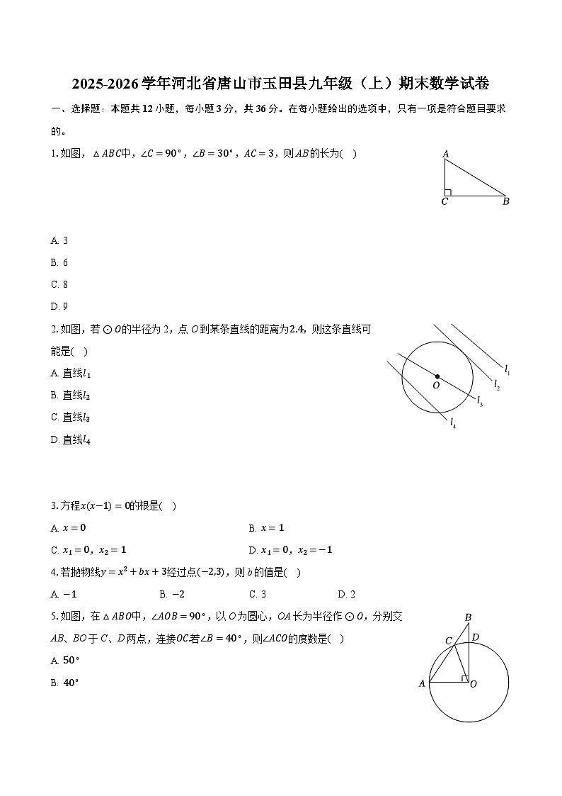 2025-2026学年河北省唐山市玉田县九年级（上）期末数学试卷-普通用卷第1页