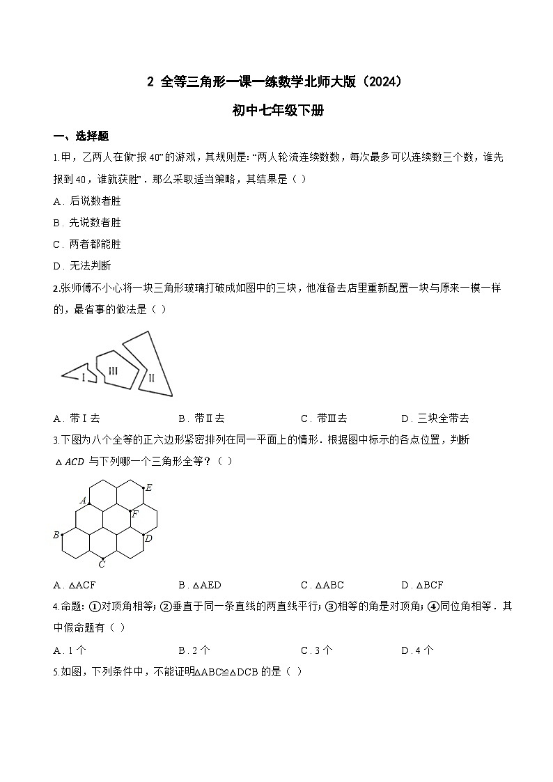 2 全等三角形一课一练数学北师大版（2024）初中七年级下册第1页