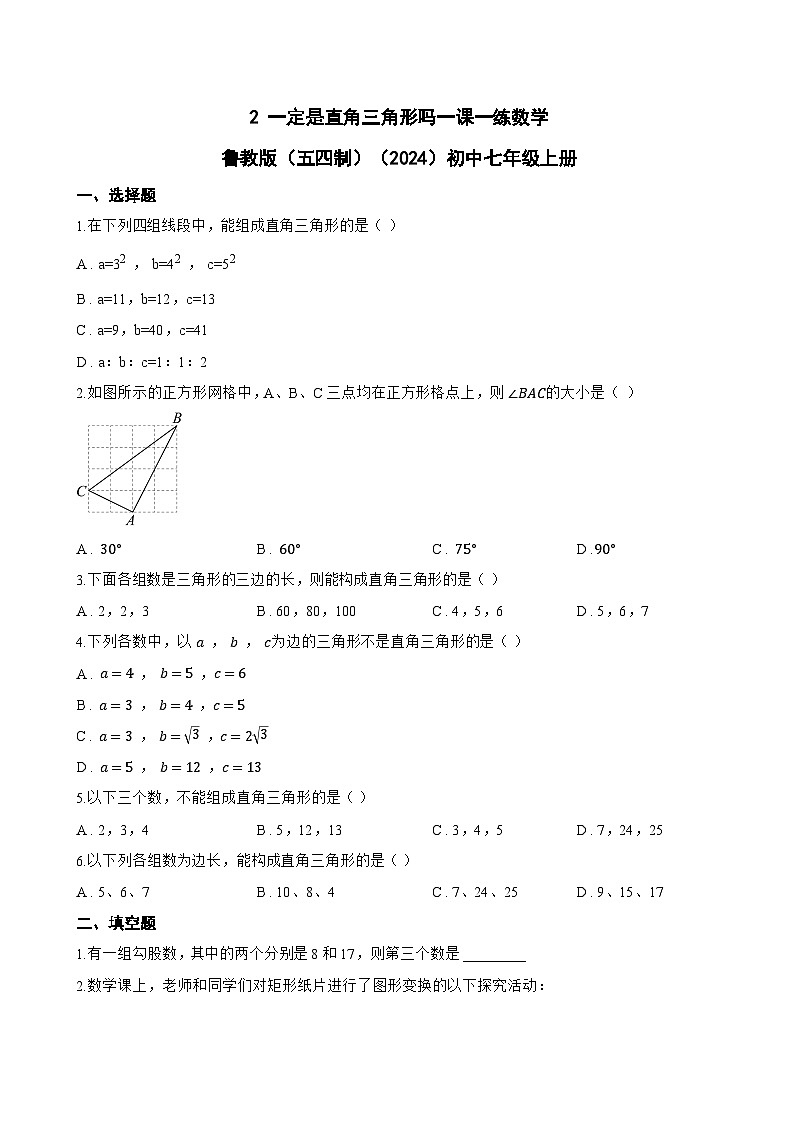 2 一定是直角三角形吗一课一练数学鲁教版（五四制）（2024）初中七年级上册第1页