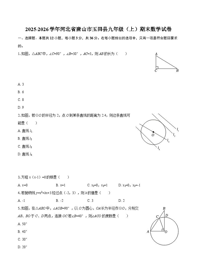 2025-2026学年河北省唐山市玉田县九年级（上）期末数学试卷-自定义类型第1页