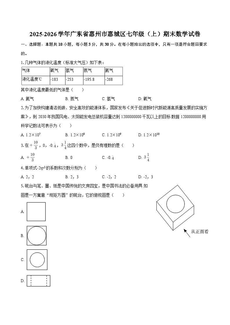 2025-2026学年广东省惠州市惠城区七年级（上）期末数学试卷-自定义类型第1页