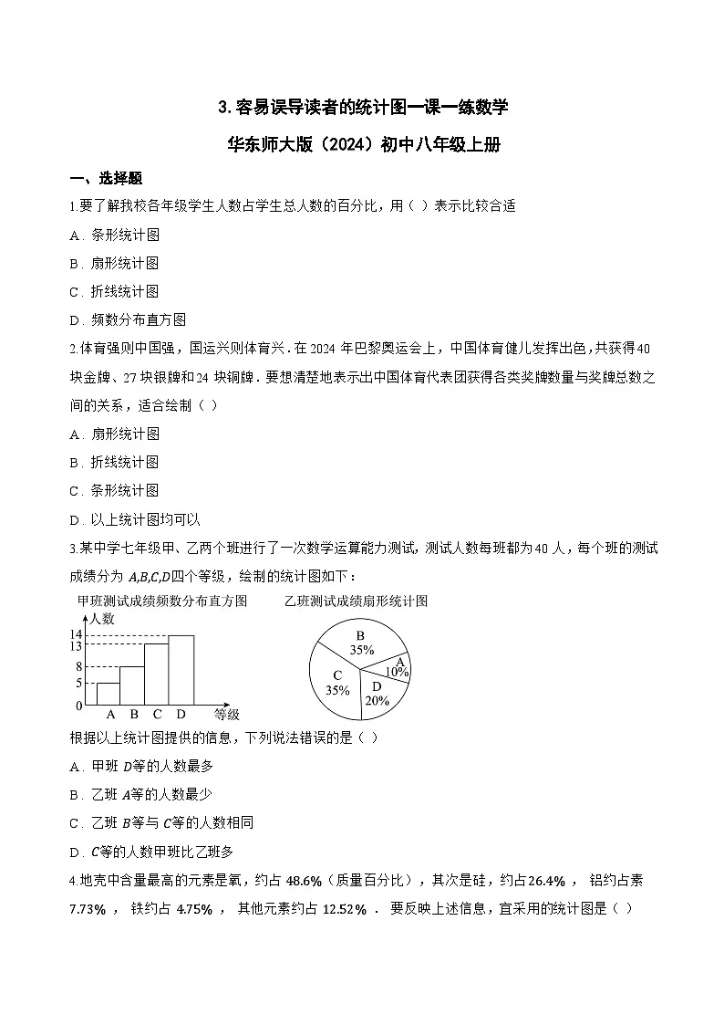 3. 容易误导读者的统计图一课一练数学华东师大版（2024）初中八年级上册第1页