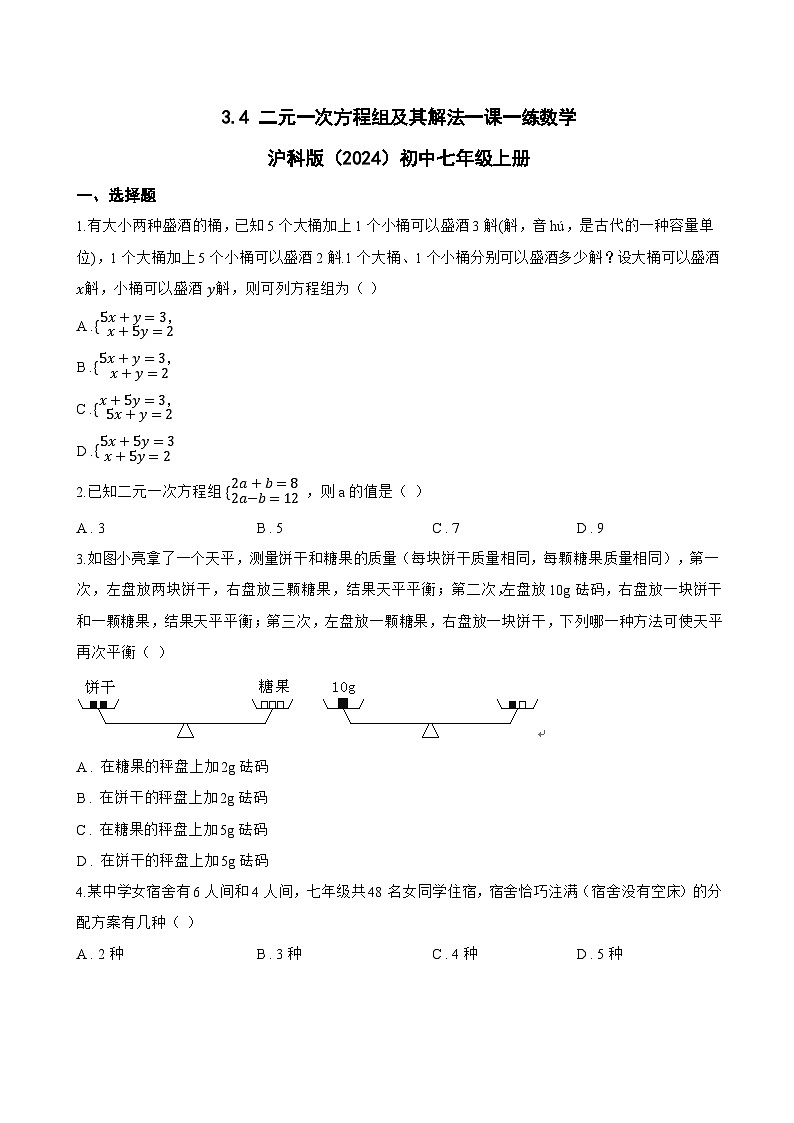 3.4 二元一次方程组及其解法一课一练数学沪科版（2024）初中七年级上册第1页