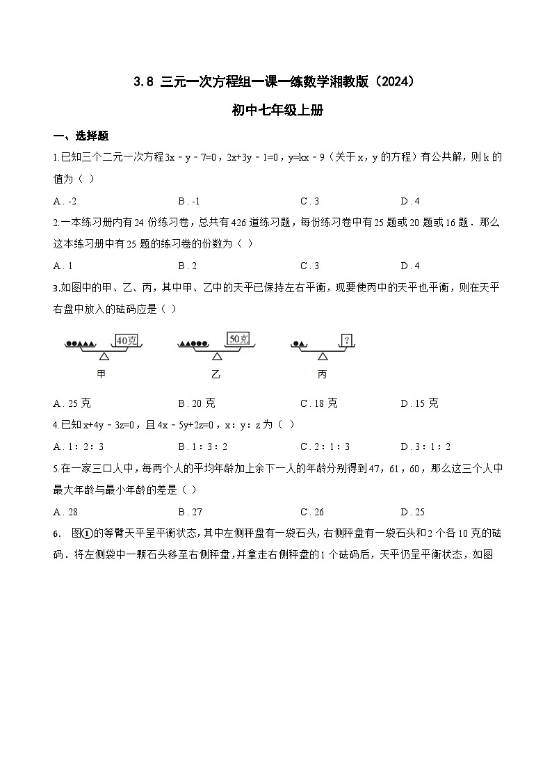 3.8 三元一次方程组一课一练数学湘教版（2024）初中七年级上册第1页