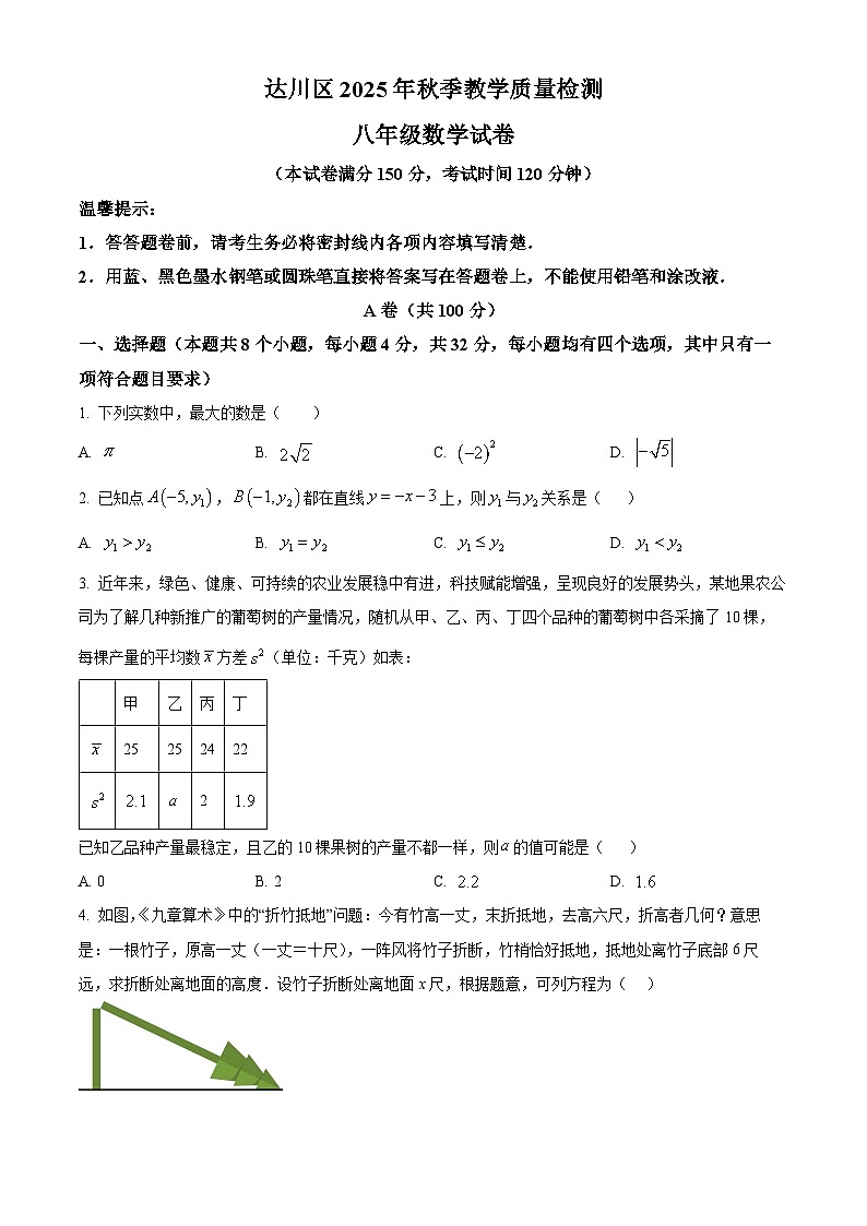 四川省达州市达川区2025-2026学年八年级上学期期末考试数学试题（原卷+解析）第1页