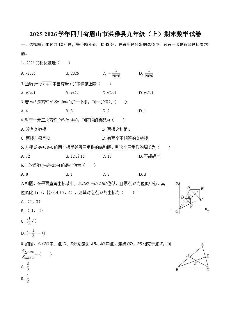 2025-2026学年四川省眉山市洪雅县九年级（上）期末数学试卷-自定义类型第1页
