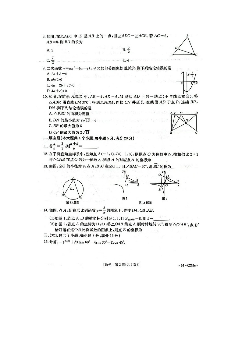 安徽省池州市2025-2026学年度九年级第一学期期末检测卷数学试卷及答案第2页