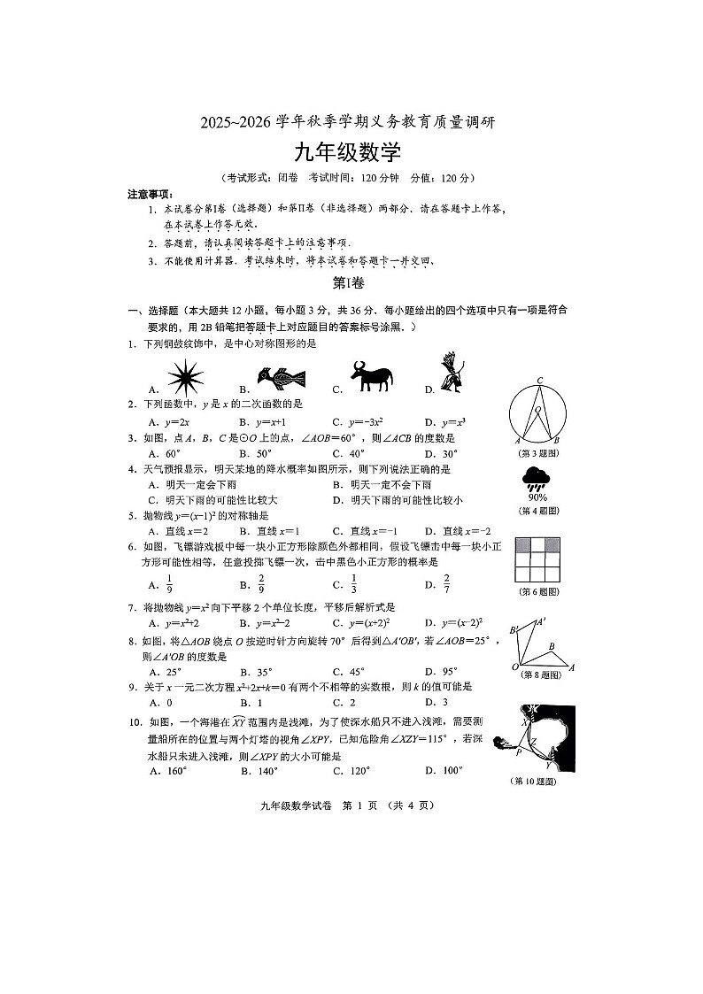 山东省烟台市芝罘中学2025--2026学年度第一学期期末考试题九年级数学无答案第1页