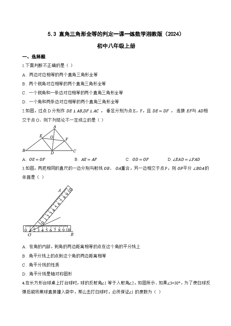 5.3 直角三角形全等的判定一课一练数学湘教版（2024）初中八年级上册第1页