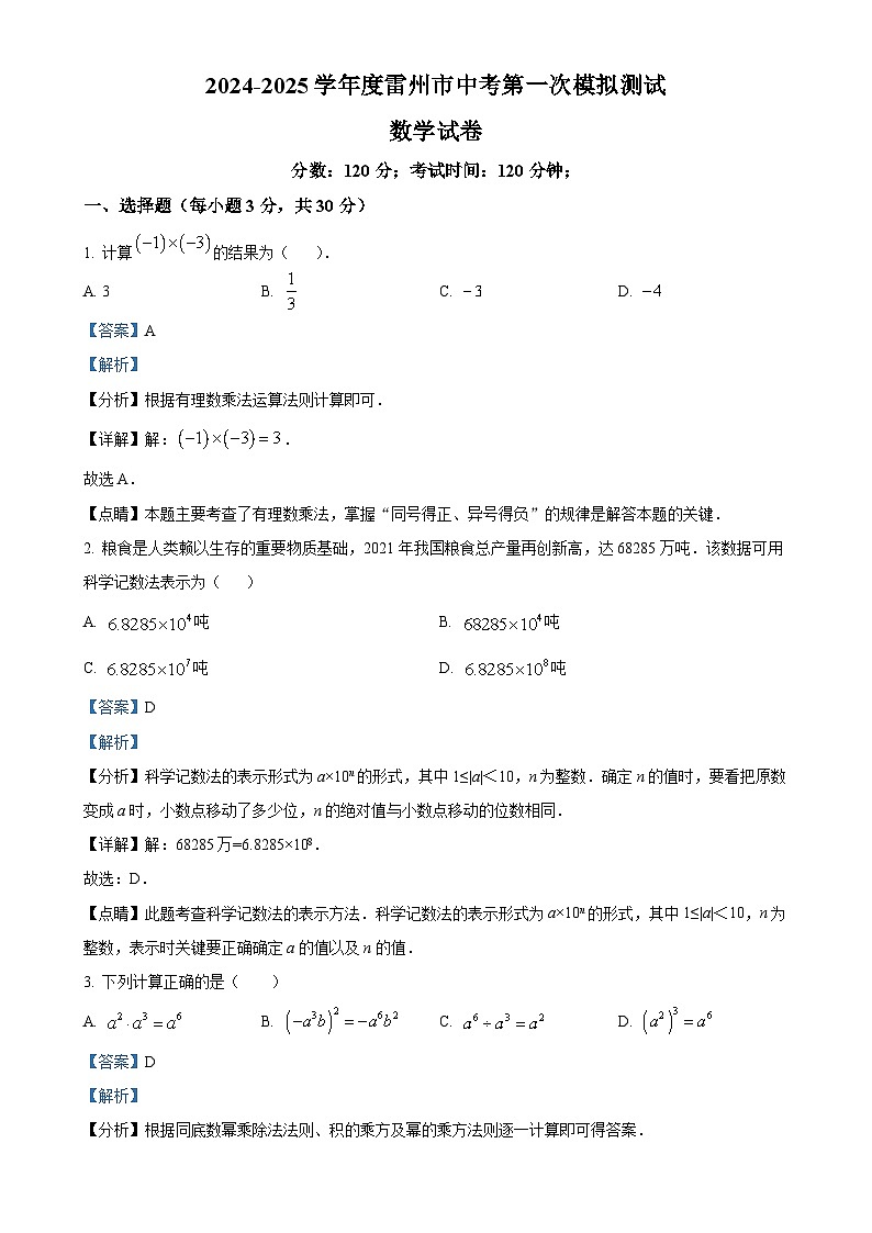 2025年广东省湛江市雷州市中考一模联考数学试题（解析版）-A4第1页