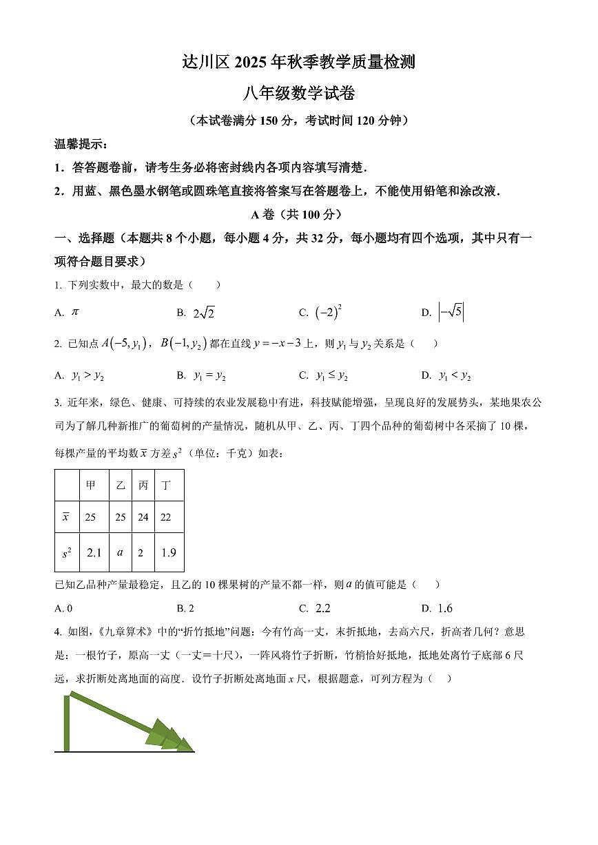 四川省达州市达川区2025-2026学年八年级上学期期末考试数学试题（原卷+解析）第1页