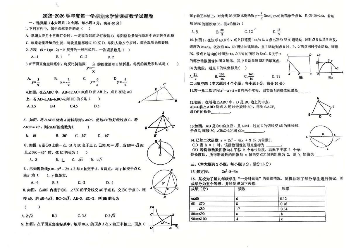安徽阜阳市颍州区袁集镇中心学校2025-2026学年度第一学期九年级期末学情调研数学试题卷第1页