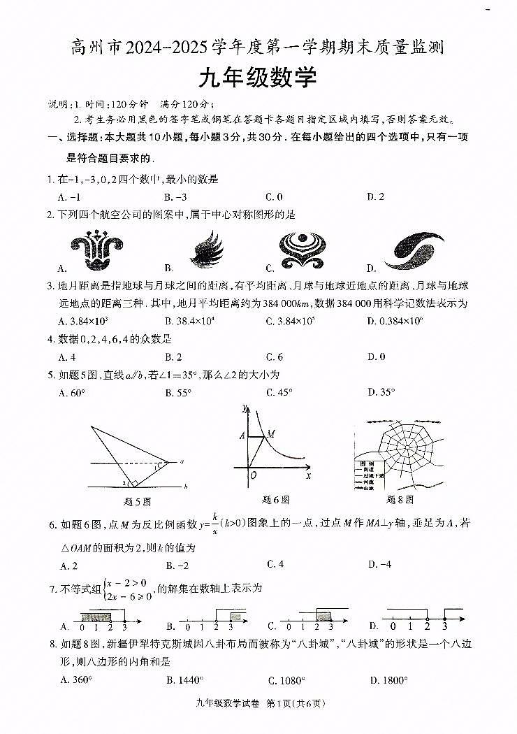 高州市2024-2025学年度第一学期期末质量监测九年级数学试卷第1页