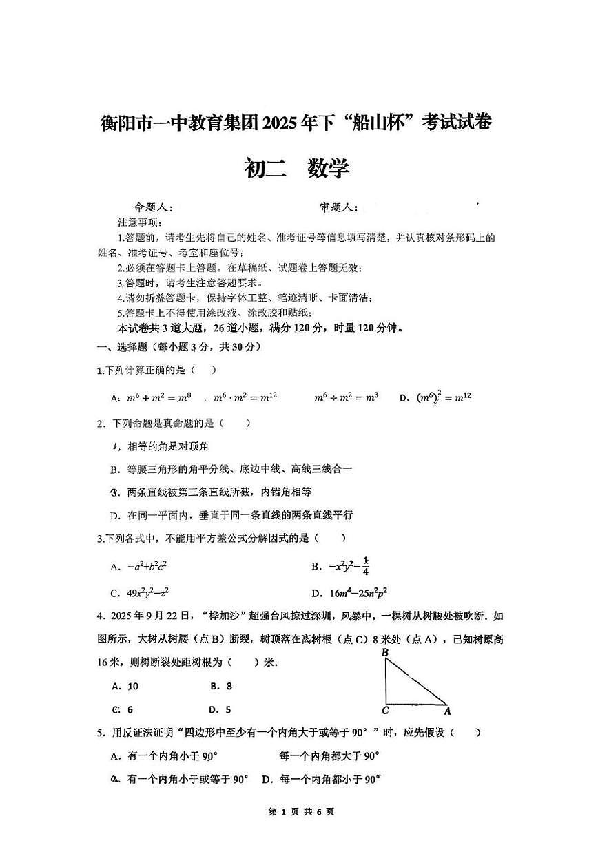 湖南省衡阳市一中教育集团2025年下“船山杯”考试八年级数学_(无答案_)试卷第1页