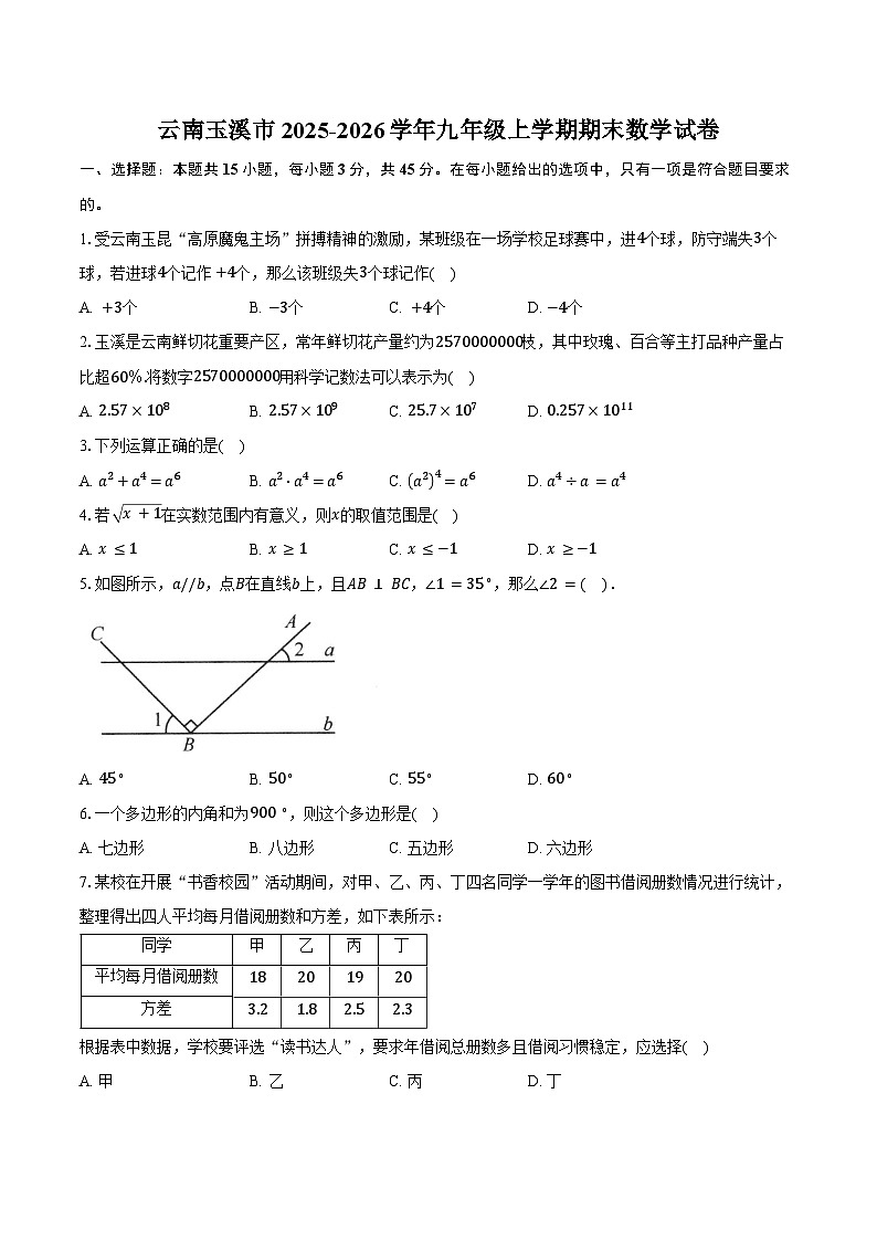 云南玉溪市2025-2026学年九年级上学期期末数学试卷（含答案）第1页