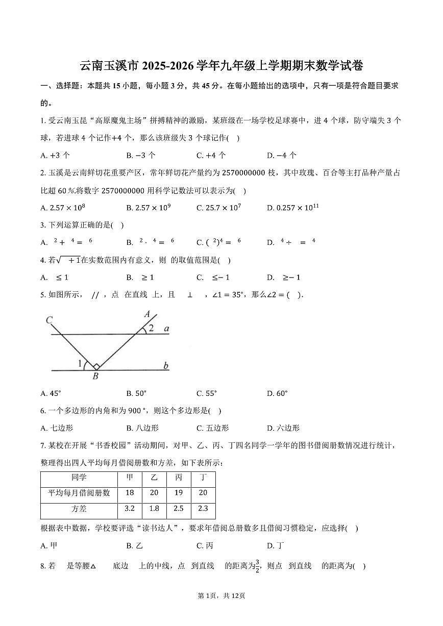 云南玉溪市2025-2026学年九年级上学期期末数学试卷（含答案）第1页