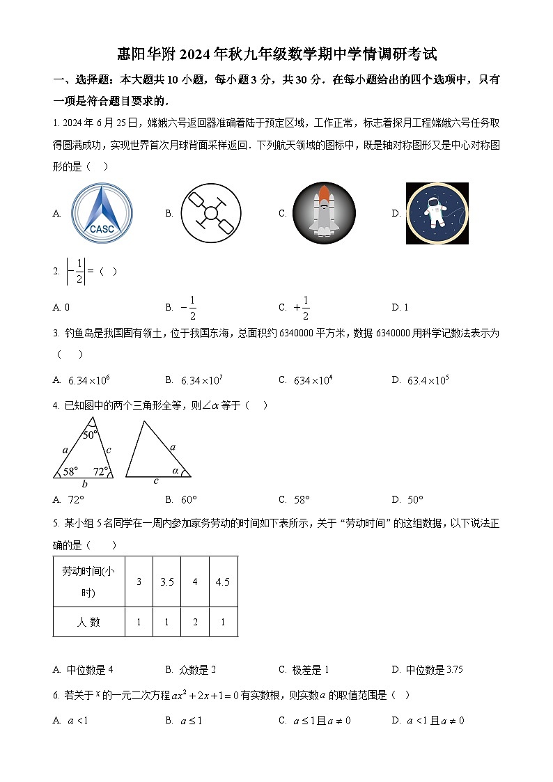 广东省惠州市华南师范大学附属惠阳学校九年级上学期期中考试数学试卷（原卷版）-A4第1页