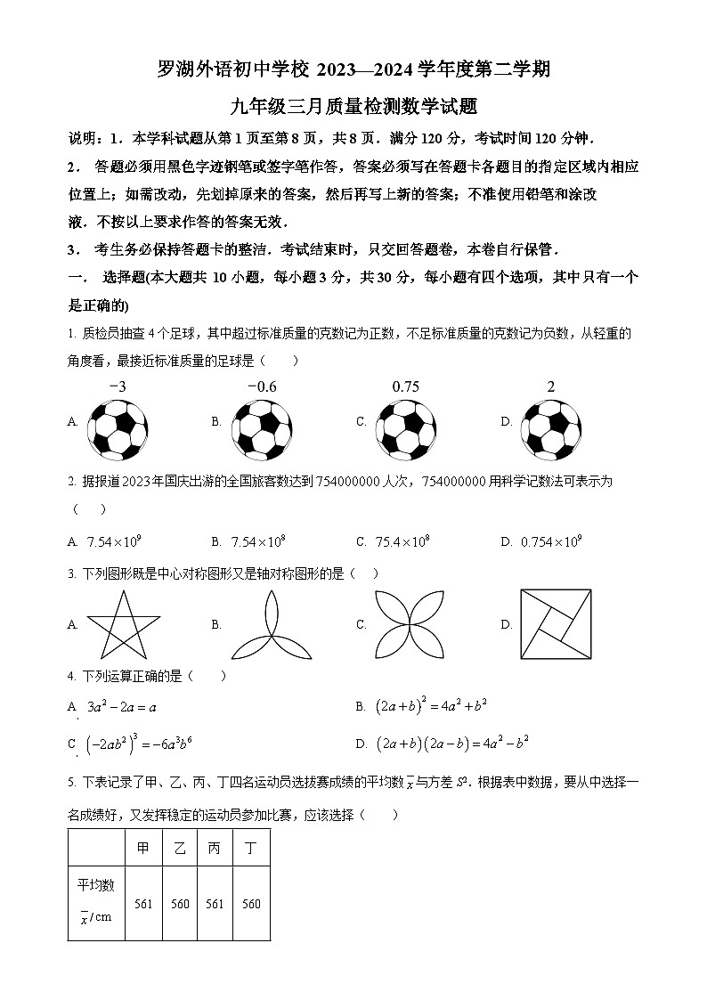 广东省深圳市罗湖外语初中学校九年级下学期月考数学试题（原卷版）-A4第1页
