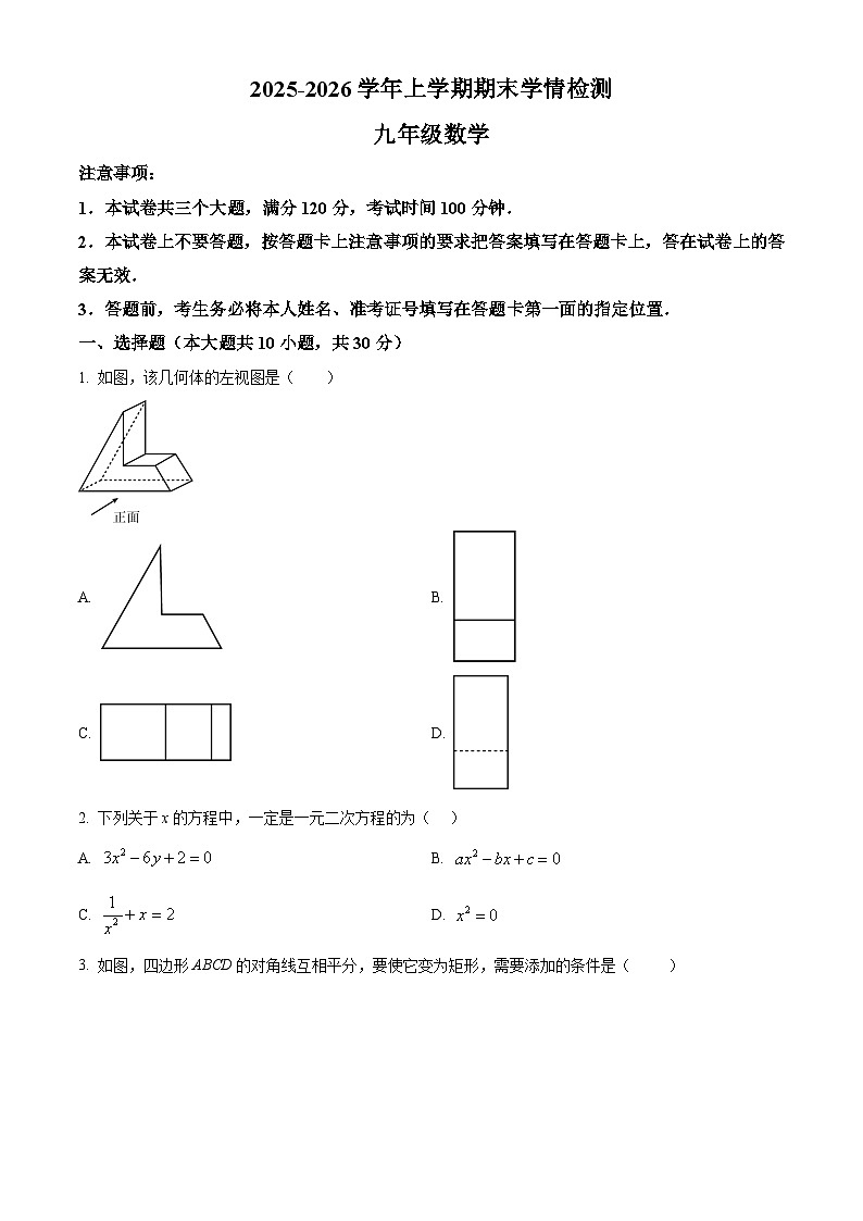 河南平顶山市郏县2025-2026学年上学期期末学情检测九年级数学（试卷+解析）第1页
