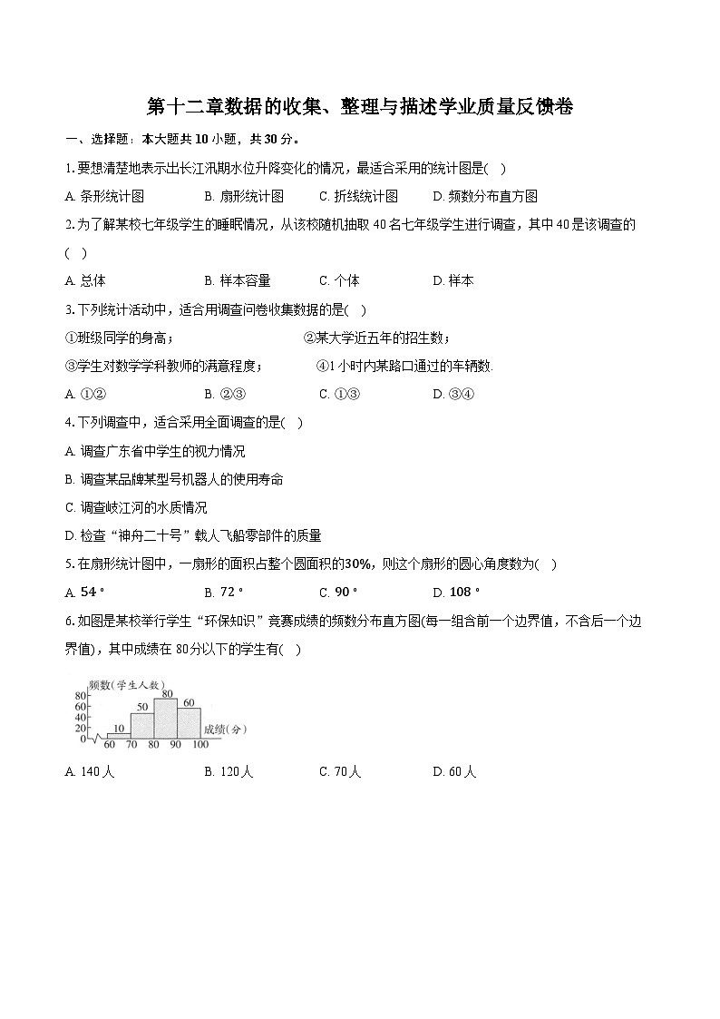 第十二章数据的收集、整理与描述学业质量反馈卷2025-2026学年人教版七年级数学下册（含答案）第1页