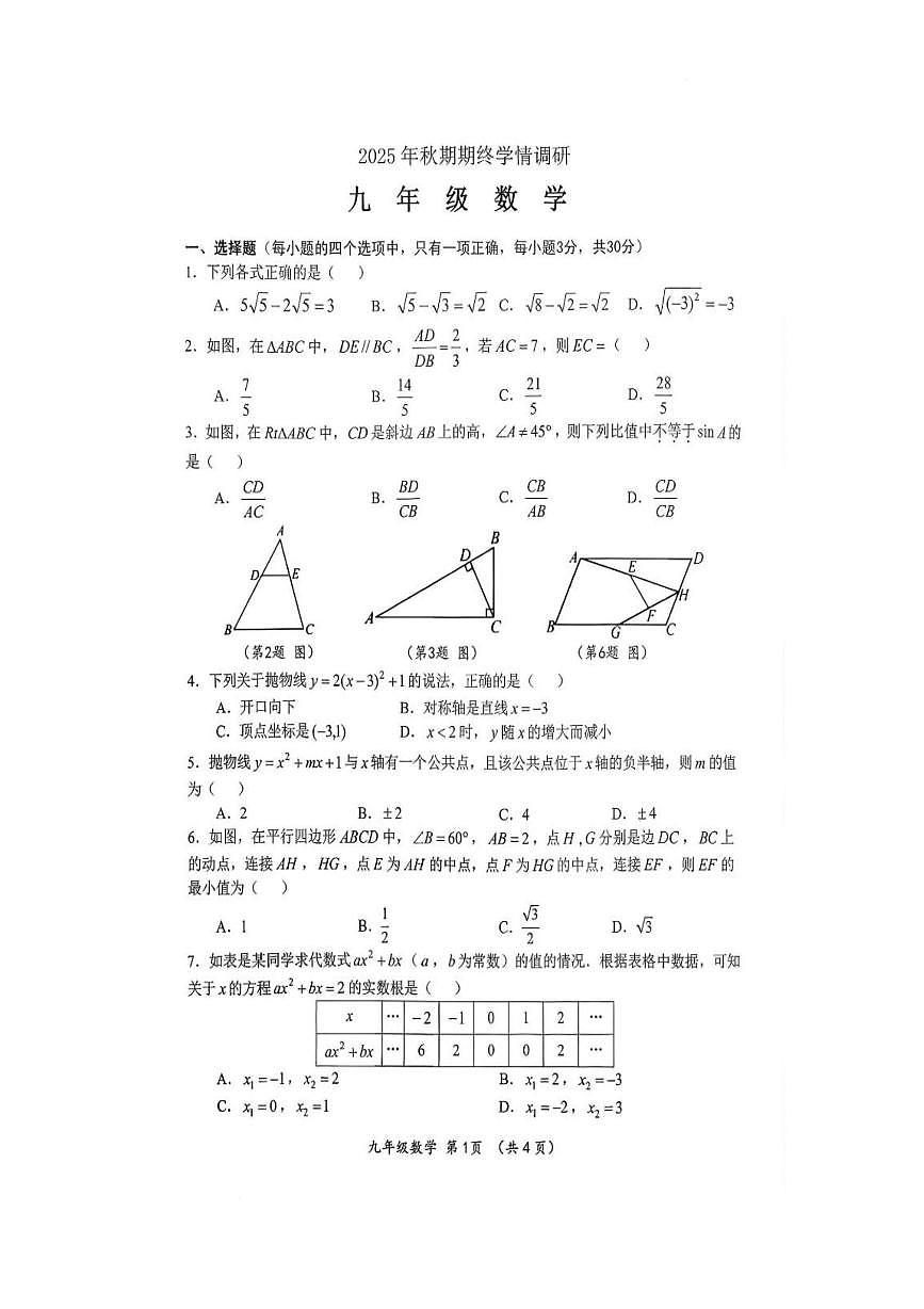 河南南阳市桐柏县2025-2026学年九年级上学期2月期末数学试题含答案第1页