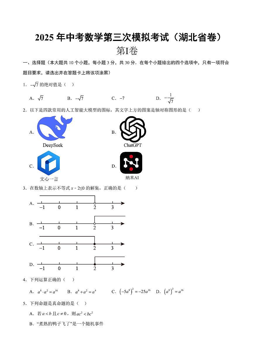2025年中考数学第三次模拟考试数学(湖北卷)第1页