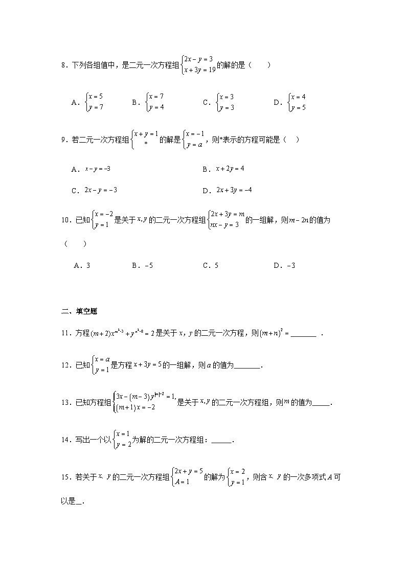 10.1二元一次方程组的概念同步练习2025-2026学年人教版数学七年级下册新教材-解析版第2页