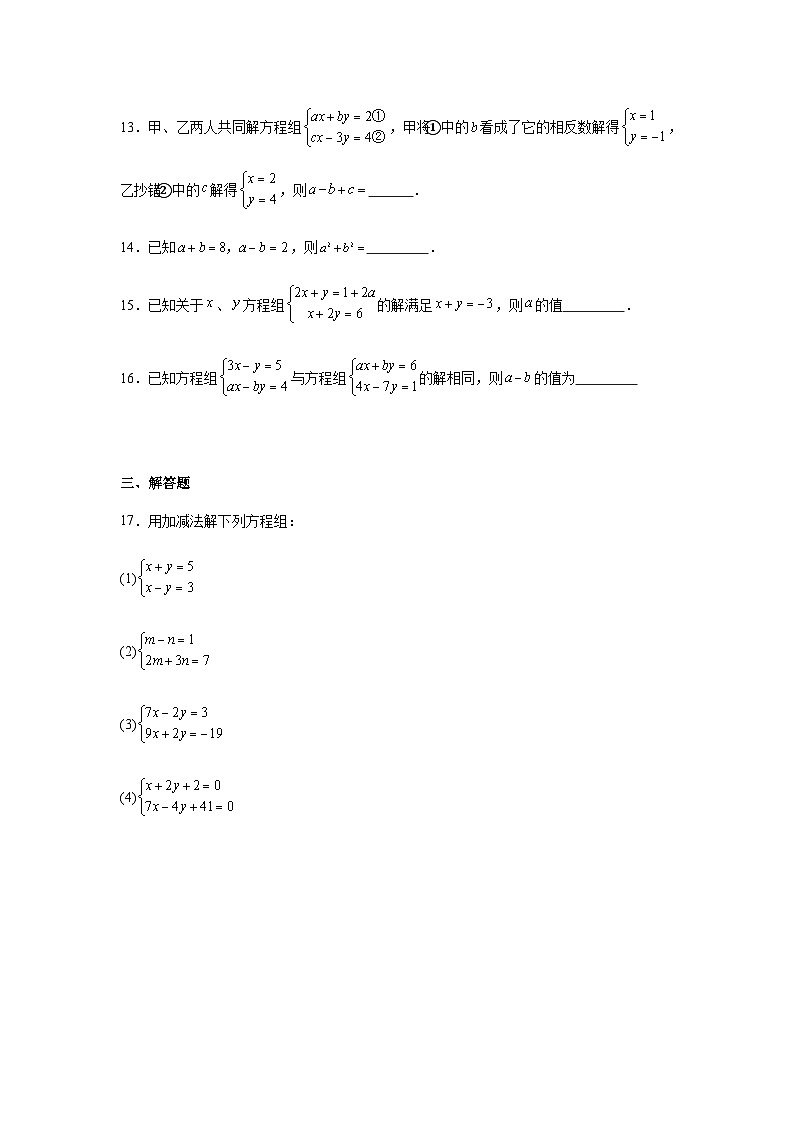 10.2.2加减消元法同步练习2025-2026学年人教版数学七年级下册新教材-解析版第3页