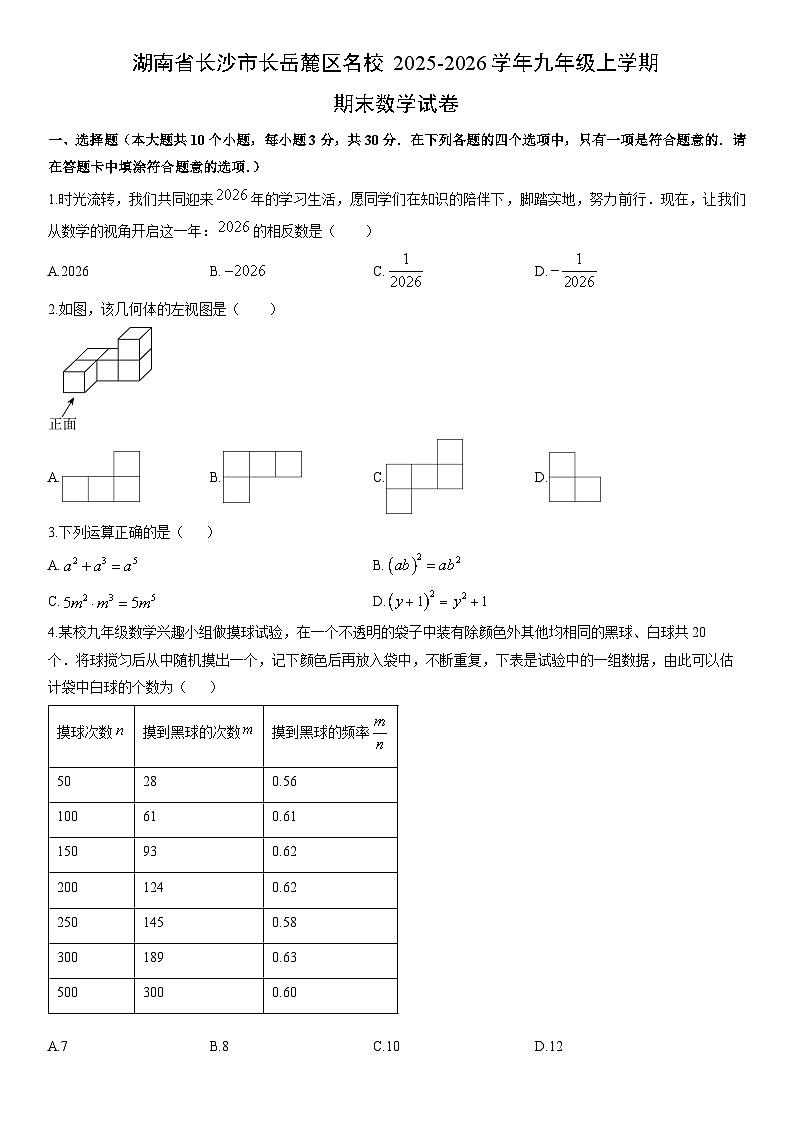 2025-2026学年湖南省长沙市长岳麓区名校九年级上学期期末数学试卷（学生版）第1页