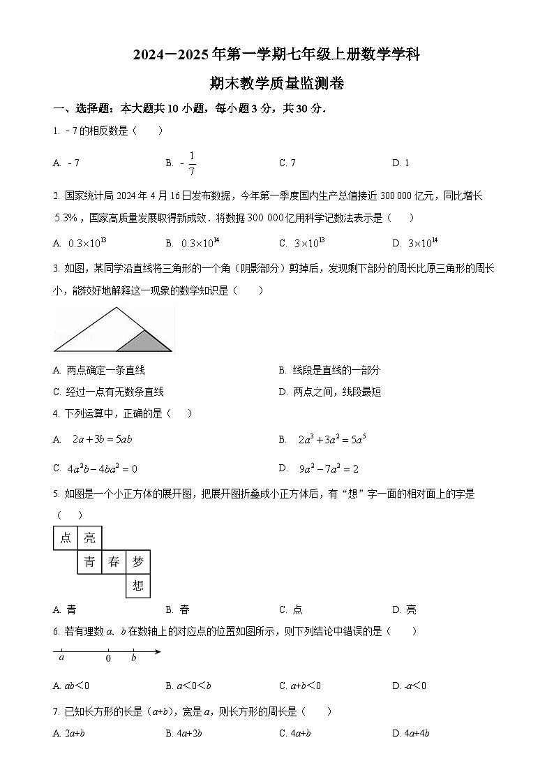 广东省湛江市徐闻县2024—2025学年上学期七年级上册数学期末教学质量监测卷 （原卷版）-A4第1页