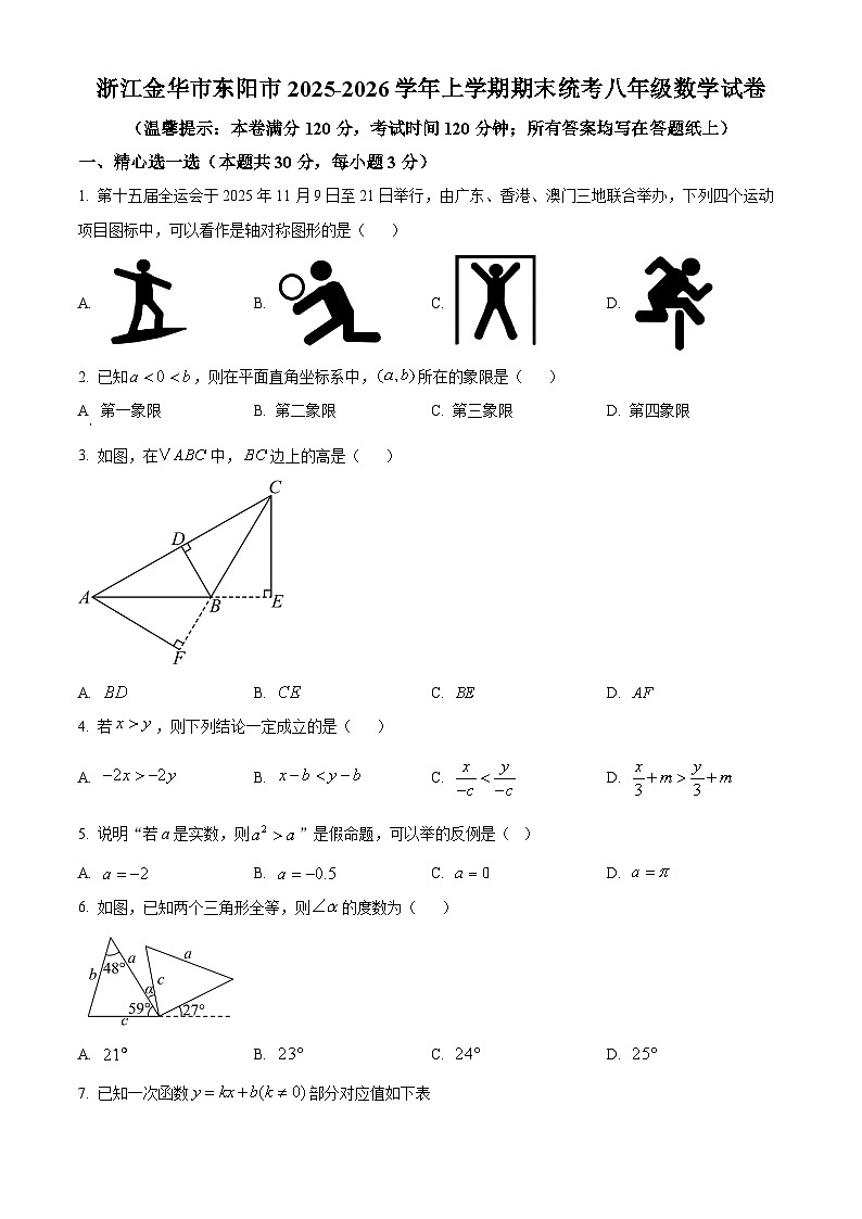 浙江金华市东阳市2025-2026学年上学期期末统考八年级数学试卷（试卷+解析）第1页