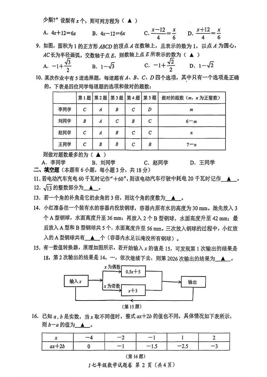 2025-2026学年浙江台州市椒江区七年级上学期期末考试数学（含答案）试卷第2页